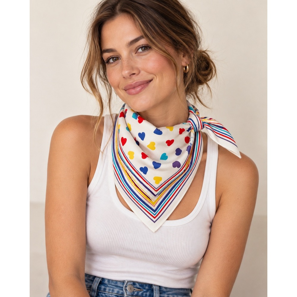 Vintage Bandana White Multi Color Heart Stripe Print Made in USA RN 14193